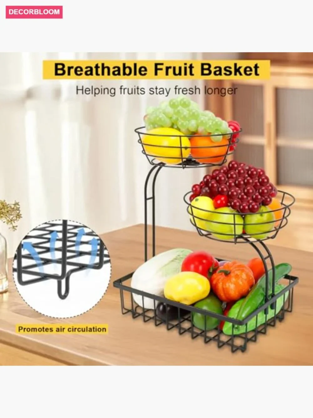 3 Tier Countertop Fruit Basket Storage - Metal Kitchen Organizer for Fruits,